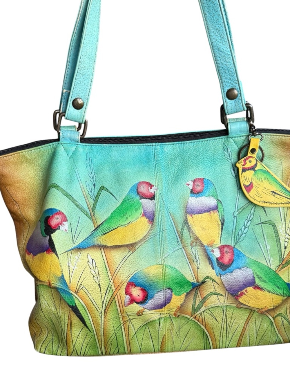 Anuschka genuine leather tote bag featuring beautiful hand-painted bird artwork - Picture 3 of 11
